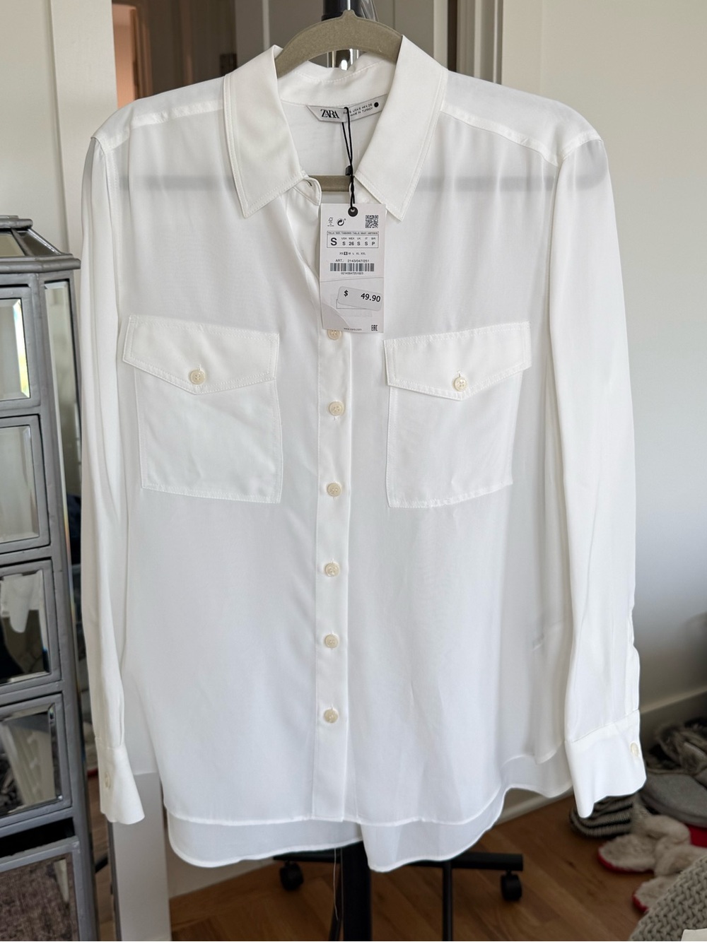 NWT Zara White Long-Sleeve Button-Up Shirt Sz S